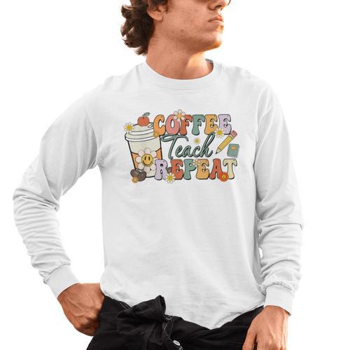 Retro Grovvy Coffee Teach Repeat Teacher Men's Long Sleeve T-Shirt - teacherstshirts.com AU