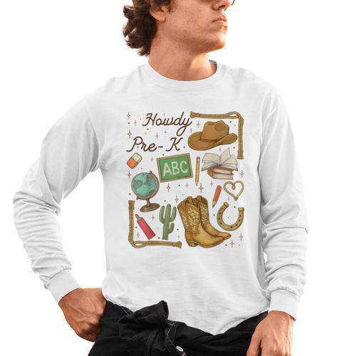 Retro Howdy Pre-K Back To School Western Teacher Men's Long Sleeve T-Shirt - teacherstshirts.com AU
