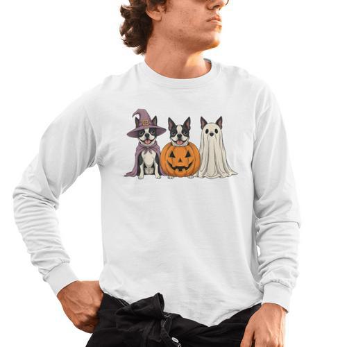 Spooky Ghost Boston Terrier Pumpkin Halloween Dog Lover Men's Long Sleeve T-Shirt - Bostonterriersmerch.com