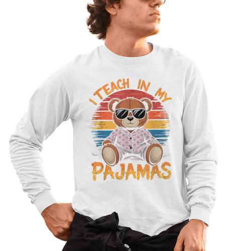 I Teach In My Pajamas Teacher Sunset Bear Retro Men's Long Sleeve T-Shirt - teacherstshirts.com DE