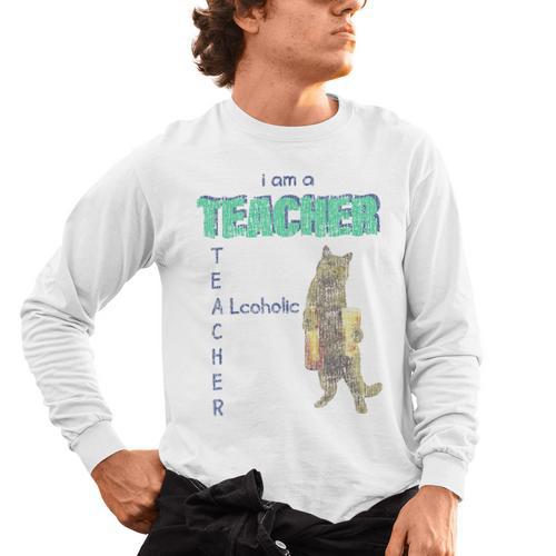 I Am A Teacher Alcoholic Cat Beer Feline Men Women Men's Long Sleeve T-Shirt - teacherstshirts.com