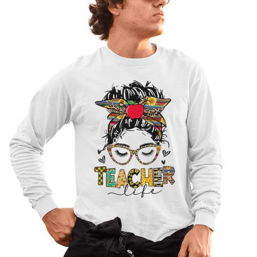 Teacher Life Messy Bun Glasses Leopard Sunflower Men's Long Sleeve T-Shirt - teacherstshirts.com DE