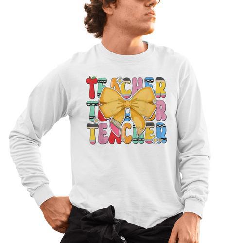 Teacher Pencil Coquette Bow Back To School Teacher Men's Long Sleeve T-Shirt - teacherstshirts.com AU