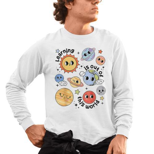 Teacher Space Science Learning Is Out Of World Solar System Men's Long Sleeve T-Shirt - teacherstshirts.com AU