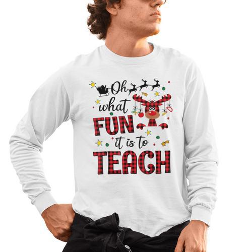 Teachers Oh What Fun It Is To Teach Cute Red Plaid Reindeer Men's Long Sleeve T-Shirt - teacherstshirts.com UK