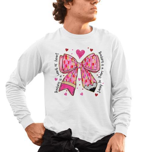 Teaching Is A Work Of Heart Pencil Bow Teacher Valentine Men's Long Sleeve T-Shirt - teacherstshirts.com UK