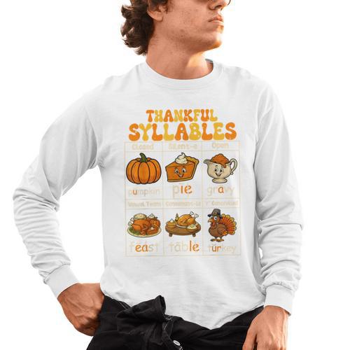 Thankful Syllables Teacher Thanksgiving Educational Kids Men's Long Sleeve T-Shirt - teacherstshirts.com UK