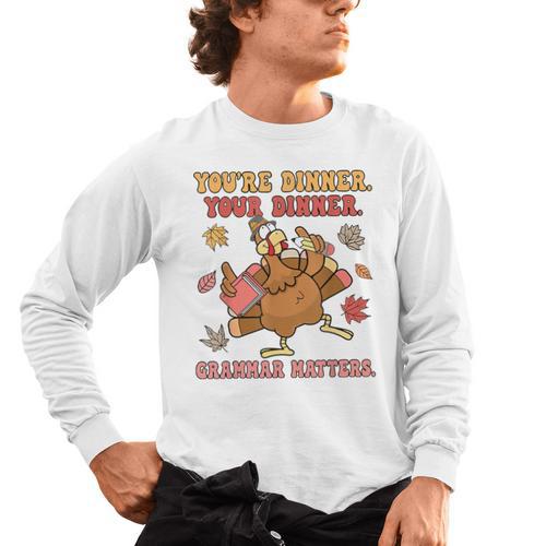 Thanksgiving Grammar Thankful English Teacher Fall Turkey Men's Long Sleeve T-Shirt - teacherstshirts.com CA