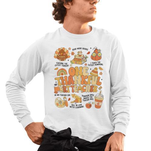 Thanksgiving One Thankful Art Teacher Fall Groovy Men Women Men's Long Sleeve T-Shirt - teacherstshirts.com UK