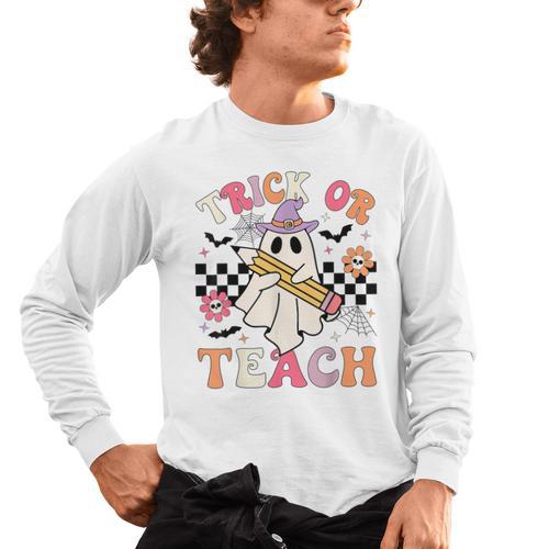 Trick Or Teach Groovy Teacher Halloween Retro Floral Ghost Men's Long Sleeve T-Shirt - teacherstshirts.com AU