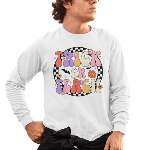 Trick Or Teach Retro Groovy Halloween Teacher Men's Long Sleeve T-Shirt - teacherstshirts.com