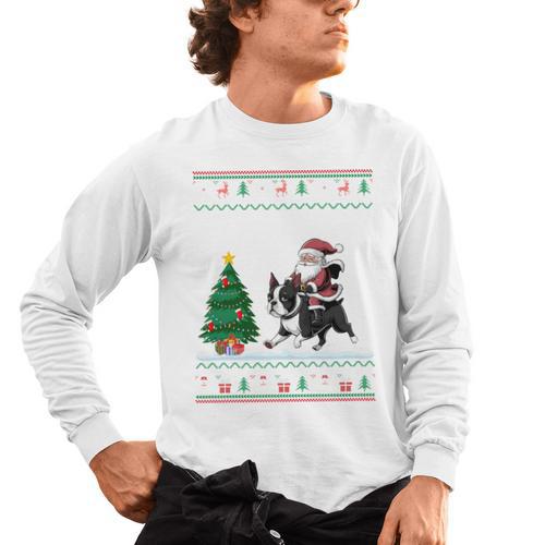 Ugly Christmas Tree Lights Xmas Santa Riding Boston Terrier Men's Long Sleeve T-Shirt - Bostonterriersmerch.com