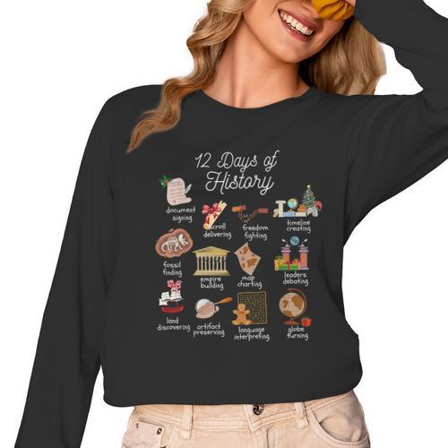 12 Day Of History Teacher Christmas Social Studies Student Women Long Sleeve T-Shirt - teacherstshirts.com AU