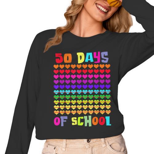 50 Days Of School Hearts Teacher Happy 50th Day Of School Women Long Sleeve T-Shirt - teacherstshirts.com UK