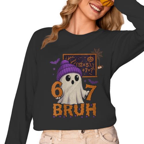 67 Teacher Halloween Ghost Six Seven Meme Math Equation Bruh Women Long Sleeve T-Shirt - teacherstshirts.com DE