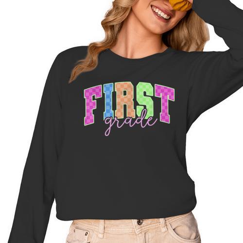 Back To School Neon Checkered First Grade Colorful Teacher Women Long Sleeve T-Shirt - teacherstshirts.com AU