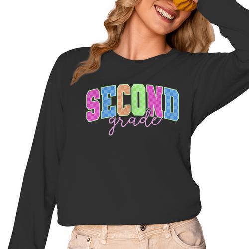 Back To School Neon Checkered Second Grade Colorful Teacher Women Long Sleeve T-Shirt - teacherstshirts.com AU