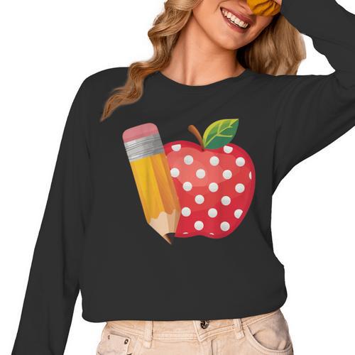 Back To School Pencil And Apple Teacher Student Women Long Sleeve T-Shirt - teacherstshirts.com AU