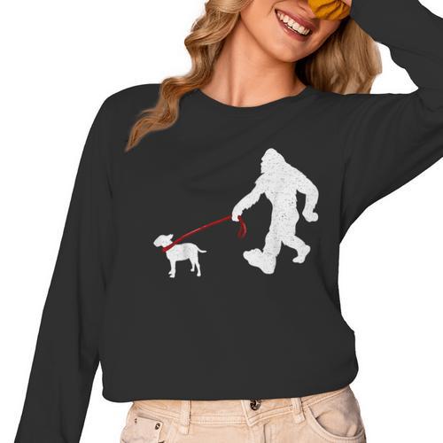 Bigfoot Walking With Bull Terrier Dog Women Long Sleeve T-Shirt - Bostonterriersmerch.com