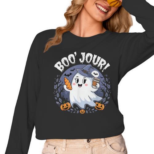 Boo Jour Ghost Halloween French Teacher Cute Coffe Croissant Women Long Sleeve T-Shirt - teacherstshirts.com UK