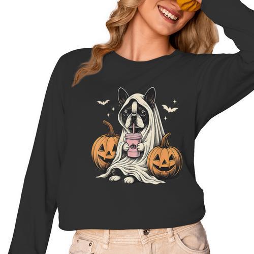 Boston Terrier Ghost Boo Halloween Costume Spooky Season Women Long Sleeve T-Shirt - Bostonterriersmerch.com