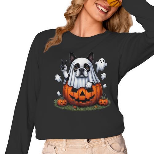 Boston Terrier Ghost Boo Halloween Kids Women Long Sleeve T-Shirt - Bostonterriersmerch.com