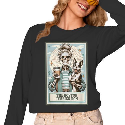The Boston Terrier Mom Skeleton Spooky Season Halloween Women Long Sleeve T-Shirt - Bostonterriersmerch.com