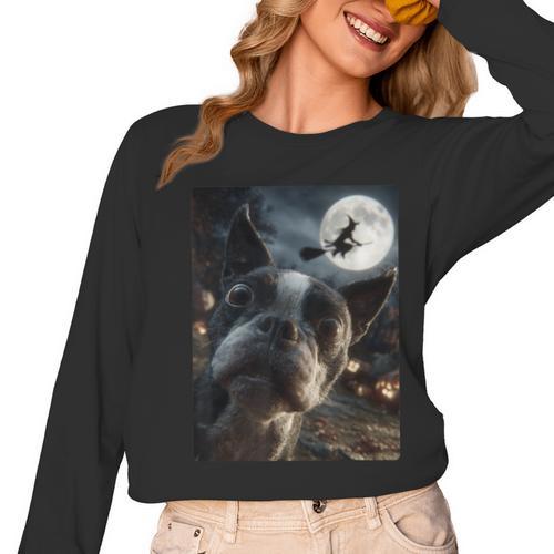 Boston Terrier Selfie Full Moon Flying Witch Halloween Dog Women Long Sleeve T-Shirt - Bostonterriersmerch.com