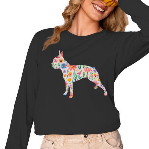 Boston Terrier Watercolor Flowers Women Long Sleeve T-Shirt - Bostonterriersmerch.com