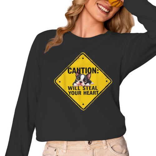 Caution Sign Boston Terrier Dog Bostie Puppy Women Long Sleeve T-Shirt - Bostonterriersmerch.com
