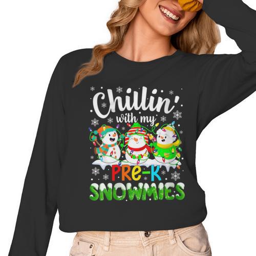 Chillin With My Pre-K Snowmies Christmas Teacher Xmas Women Long Sleeve T-Shirt - teacherstshirts.com UK