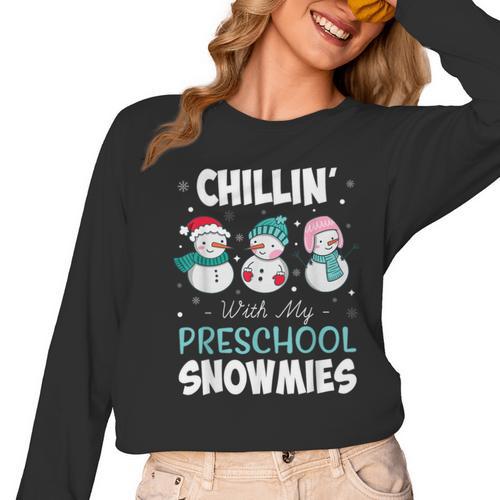 Chillin' With My Preschool Snowmies Teacher Christmas Men Women Kids Women Long Sleeve T-Shirt - teacherstshirts.com