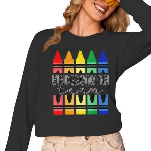 Colorful Crayon Kindergarten Team Tee For Teachers Students Men Women Kids Women Long Sleeve T-Shirt - teacherstshirts.com AU