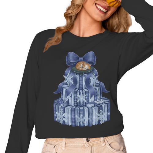Coquette Bow Book Tree Merry Christmas Xmas Teacher Holiday Women Long Sleeve T-Shirt - teacherstshirts.com UK