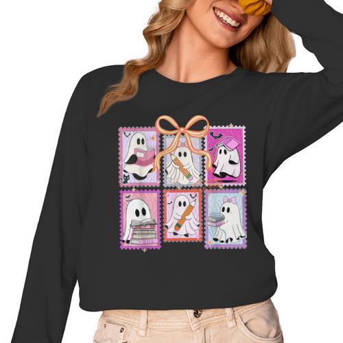 Coquette Bow Spooky Teacher Ghost Halloween Trick Or Teach Women Long Sleeve T-Shirt - teacherstshirts.com UK