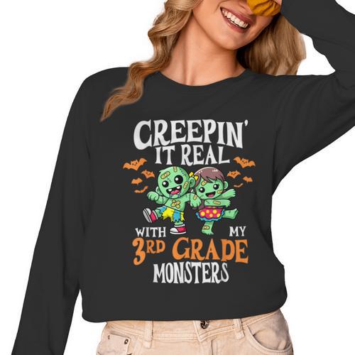 Creepin It Real Monster School 3rd Grade Teacher Halloween Women Long Sleeve T-Shirt - teacherstshirts.com UK