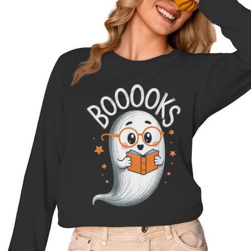 Cute Ghost Book Reading Halloween Teacher Women Long Sleeve T-Shirt - teacherstshirts.com