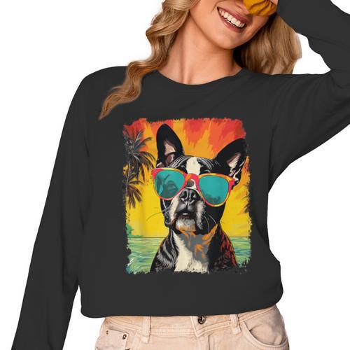 Dog Boston Terrier Hawaiian Women Long Sleeve T-Shirt - Bostonterriersmerch.com