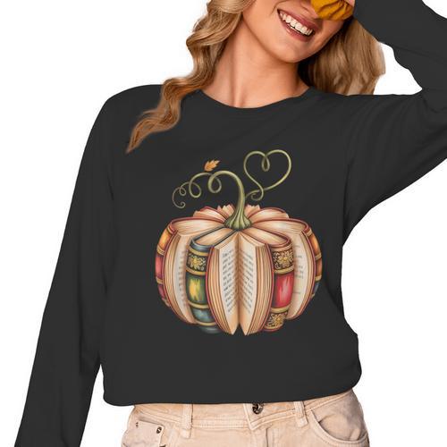 Fall Book Pumpkin Fall Librarians Bookworm Teachers Students Women Long Sleeve T-Shirt - teacherstshirts.com CA