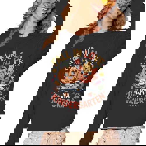 Fall In Love With Kindergarten Autumn Kindergarten Teacher Women Long Sleeve T-Shirt - teacherstshirts.com