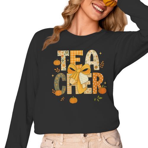 Fall Teacher Pumpkin Coquette Bow Autumn Classroom Women Long Sleeve T-Shirt - teacherstshirts.com AU