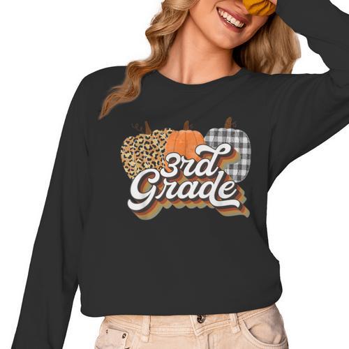 Fall Teacher Shirt 3rd Grade Teacher Retro Halloween Pumpkin Women Long Sleeve T-Shirt - teacherstshirts.com