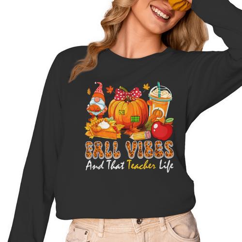 Fall Vibes Costume Teacher Thanksgiving Leopard Gnome Women Long Sleeve T-Shirt - teacherstshirts.com UK