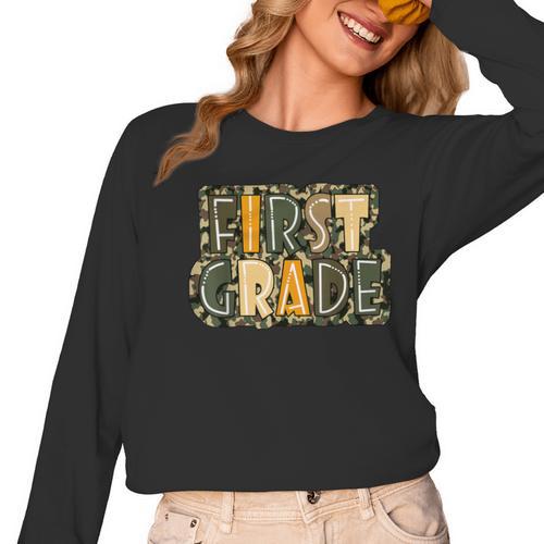 First 1St Grade Camo Camouflage Boy Teacher Back To School Women Long Sleeve T-Shirt - teacherstshirts.com CA