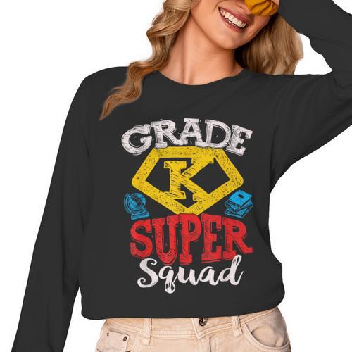 Grade K Super Squad Superhero Kindergarten Teacher Team Women Long Sleeve T-Shirt - teacherstshirts.com AU