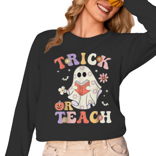 Groovy Halloween Trick Or Teach Retro Floral Ghost Teacher Women Long Sleeve T-Shirt - teacherstshirts.com CA
