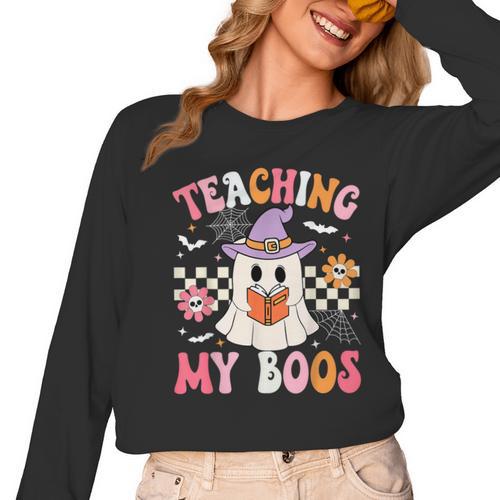 Groovy Teaching My Boos Teacher Ghost Halloween Teacher Women Long Sleeve T-Shirt - teacherstshirts.com AU