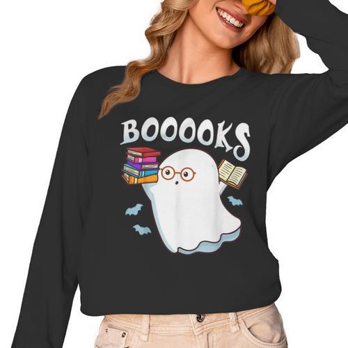 Halloween Books Librarian English Teacher Reader Reading Women Long Sleeve T-Shirt - teacherstshirts.com UK