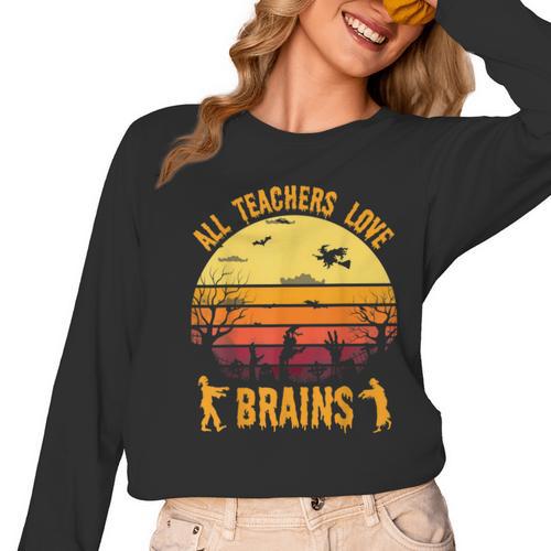 Halloween Costume Teacher Love Brains Zombie Women Long Sleeve T-Shirt - teacherstshirts.com DE