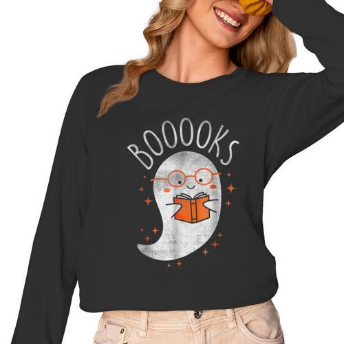 Halloween Cute Ghost Book Reading Teacher Women Long Sleeve T-Shirt - teacherstshirts.com AU